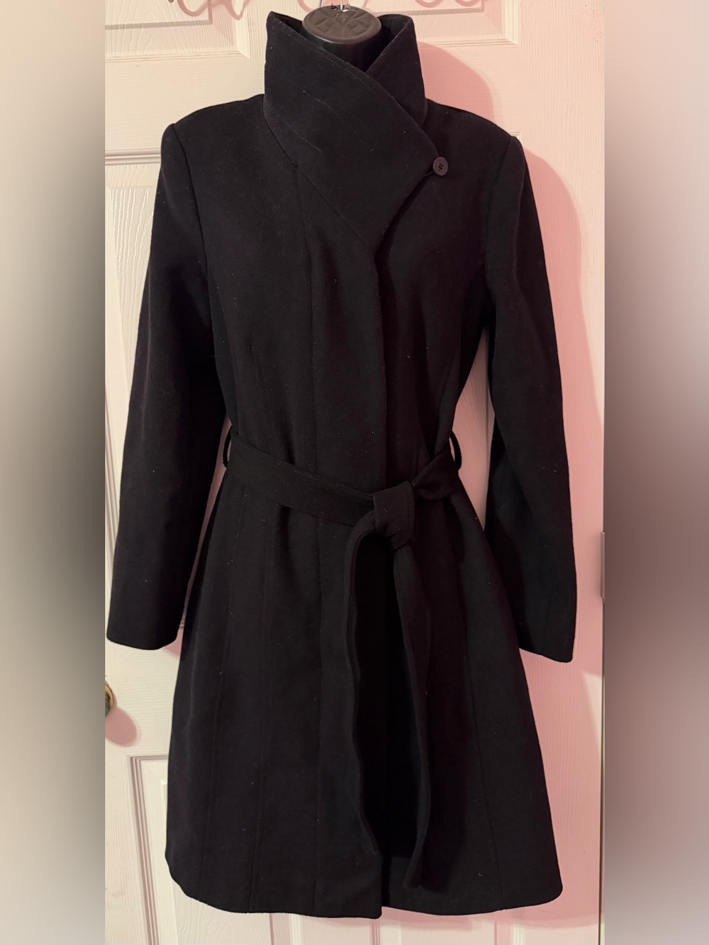 Cole Haan Signature Wool Blend Black Long Belted Wrap Coat